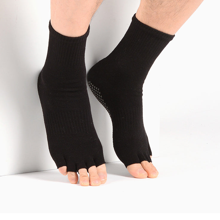 Open-toe five-finger yoga socks with non-slip grip in black crew design