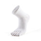 Silicone grip dots on men’s white five-toe ankle socks